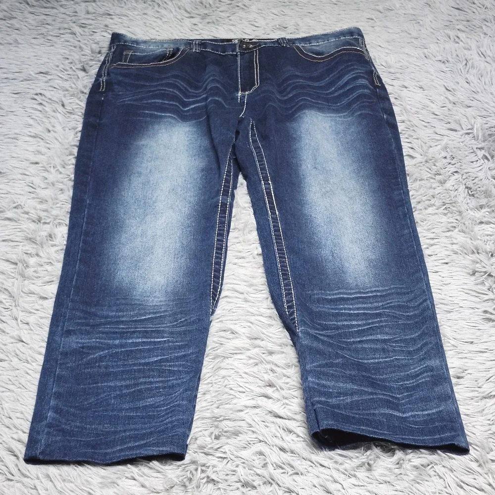 True Luck Mens Jeans 36x29 Hemmed Dark Wash Straight Fit Denim Thick Stitch